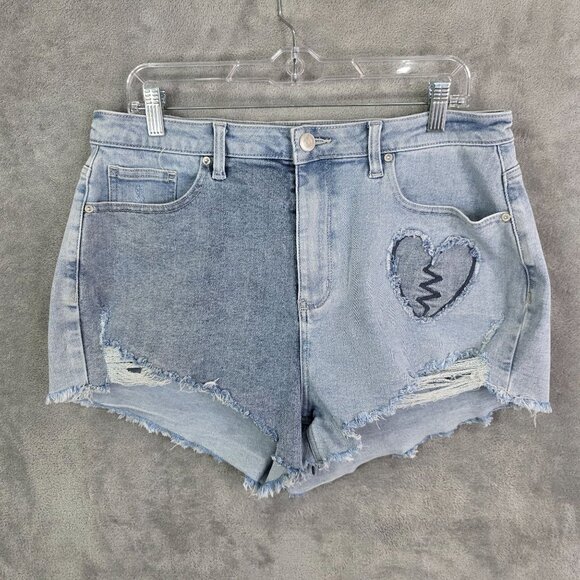 Womens Rue+ Blue Denim Shorts Distressed Heart Appliques Frayed Hem Hi Rise 14 - Picture 2 of 10